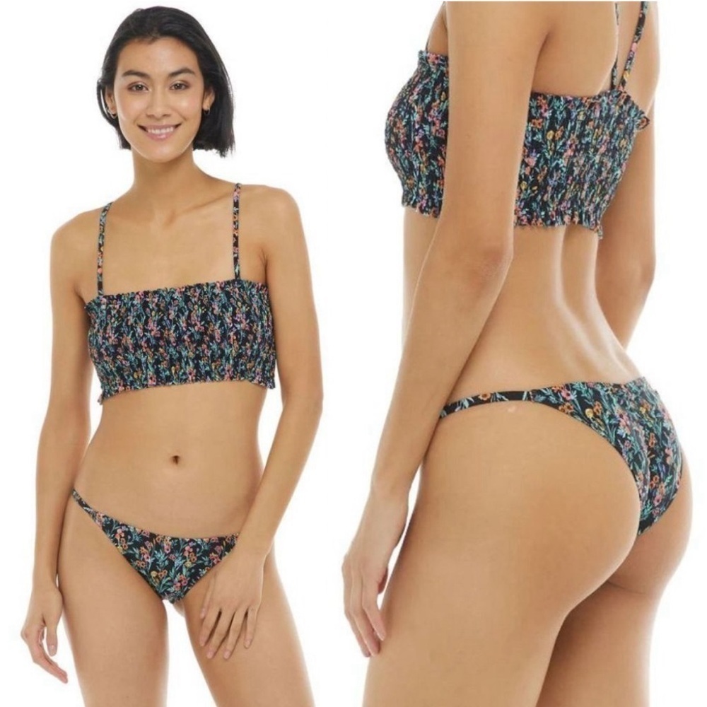 NEW Body Glove bikini lined elastic bandeau brasilia bottom black floral cheeky